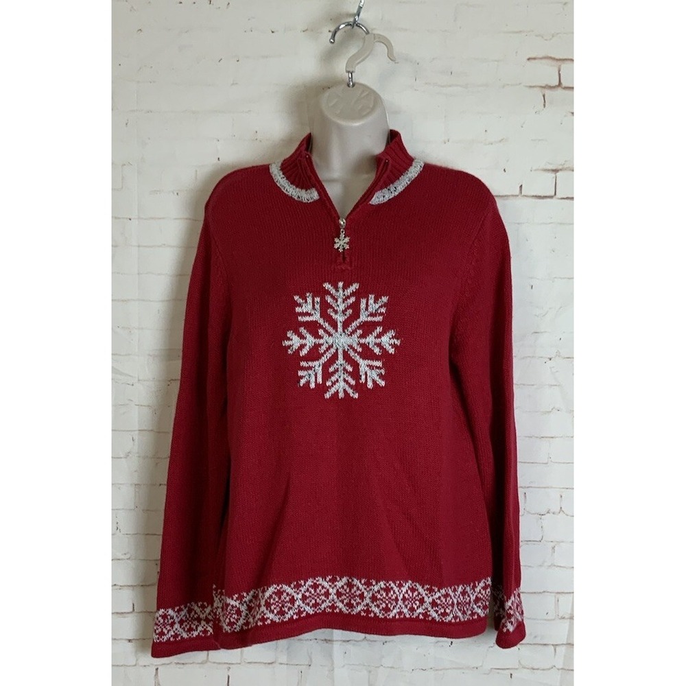 Breckenridge Womens Petite Red 1/4 Zip Snowflake Print Sweater Size PL